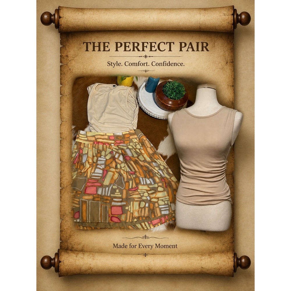 Skirt and Shirt Set Tan Ribbed Ruched Tank Top Geometric Print Pleated Modern